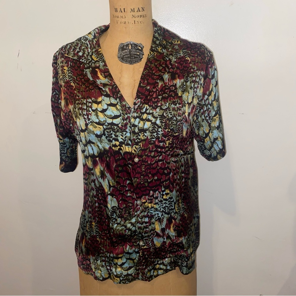 Anthropologie Red and Blue Patterned Blouse tiny